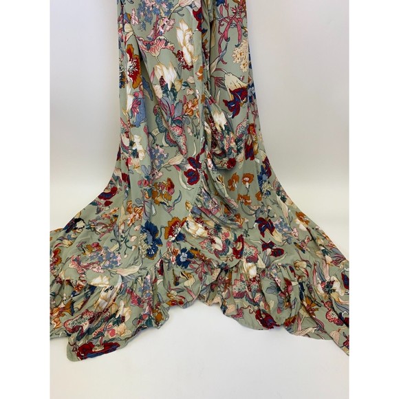 ELF Carmen Wrap Dress Gray Floral Ruffle V Neck Rayon Green Multi Tie Size L/XL - Picture 6 of 15